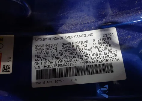 2021 Honda Accord Sport z USA, uszkodzony, nr VIN 1HGCV1F30MA051179